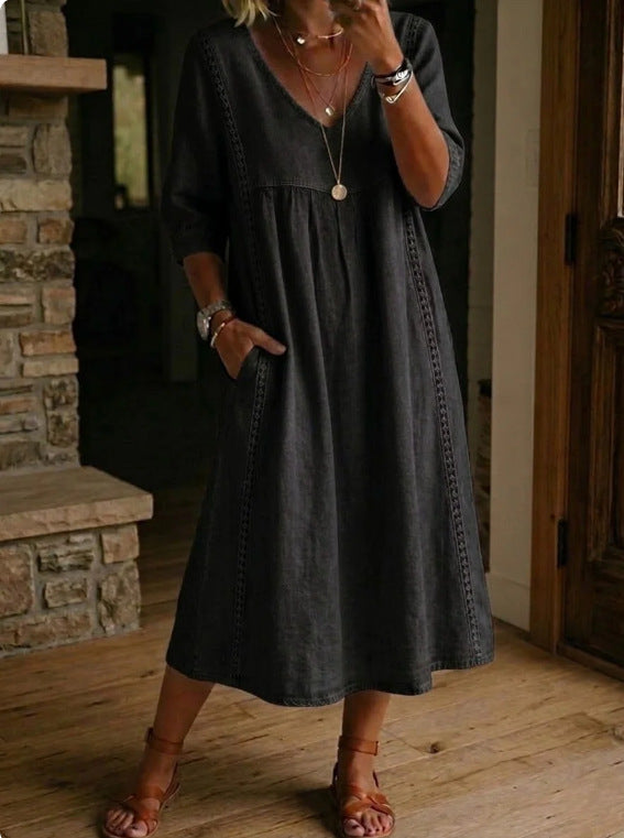 Womens Casual Loose V-Neck Lace Trim Dress