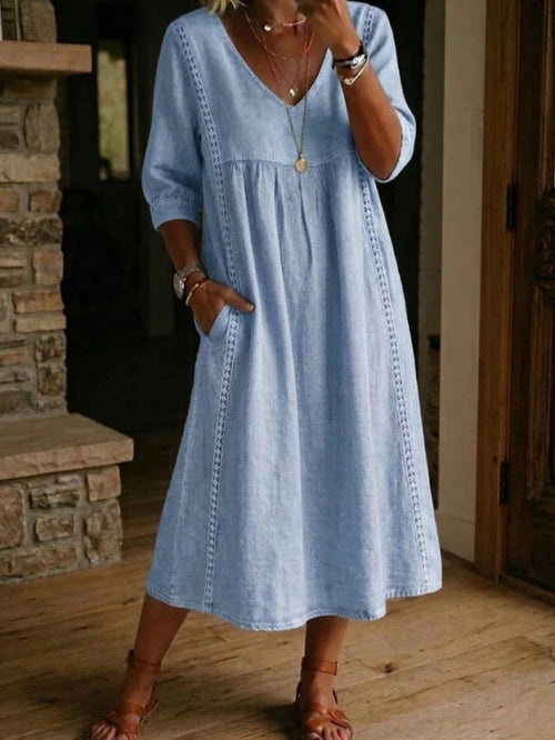 Womens Casual Loose V-Neck Lace Trim Dress