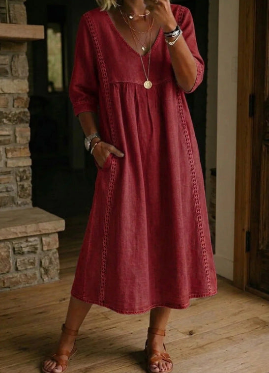 Womens Casual Loose V-Neck Lace Trim Dress