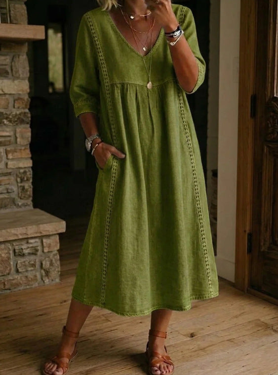 Womens Casual Loose V-Neck Lace Trim Dress