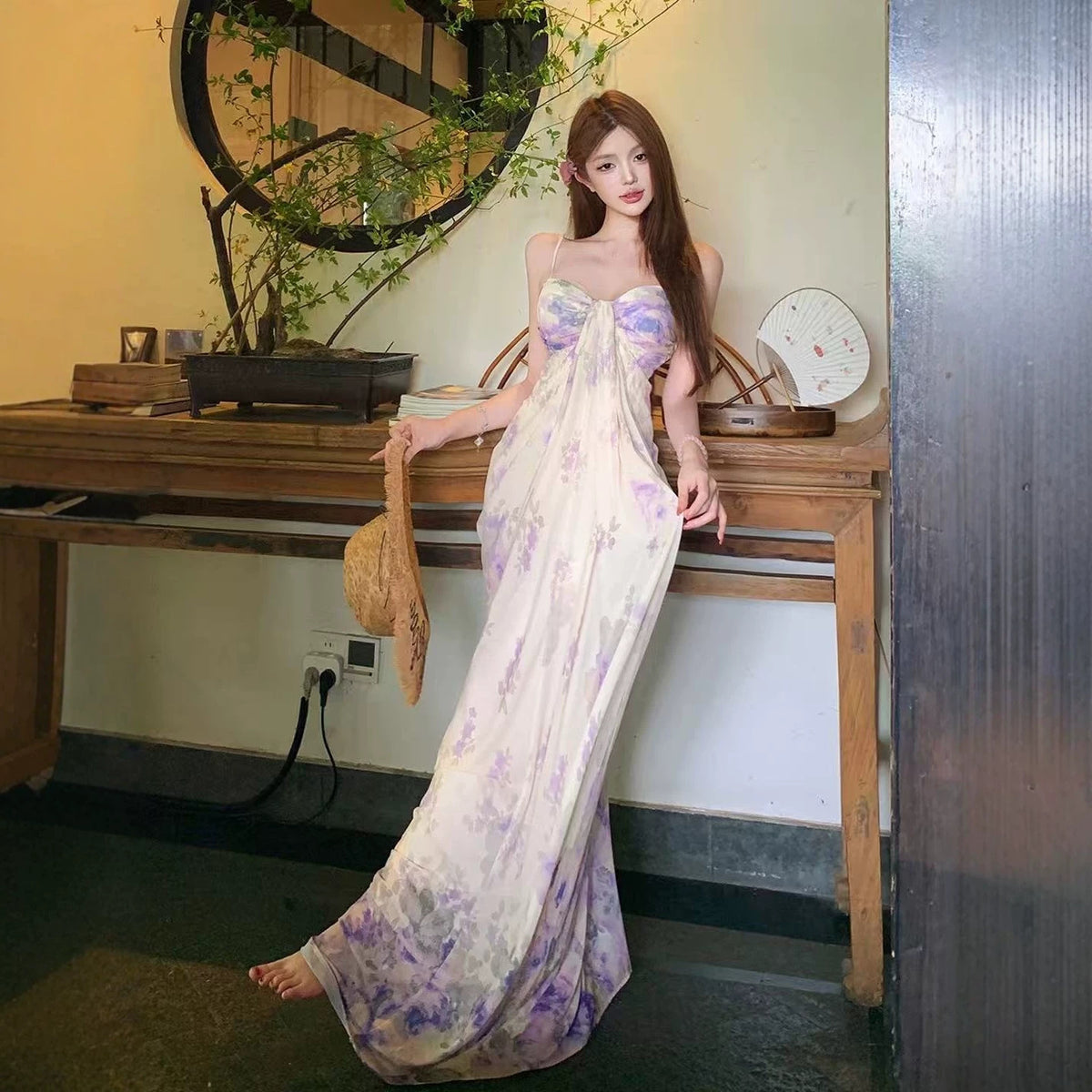 Mesh Floral Print Spaghetti Strap Bodycon Backless Dress