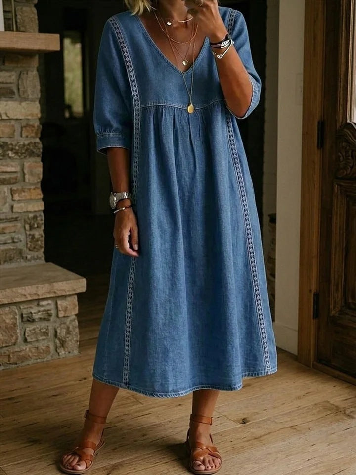 Womens Casual Loose V-Neck Lace Trim Dress