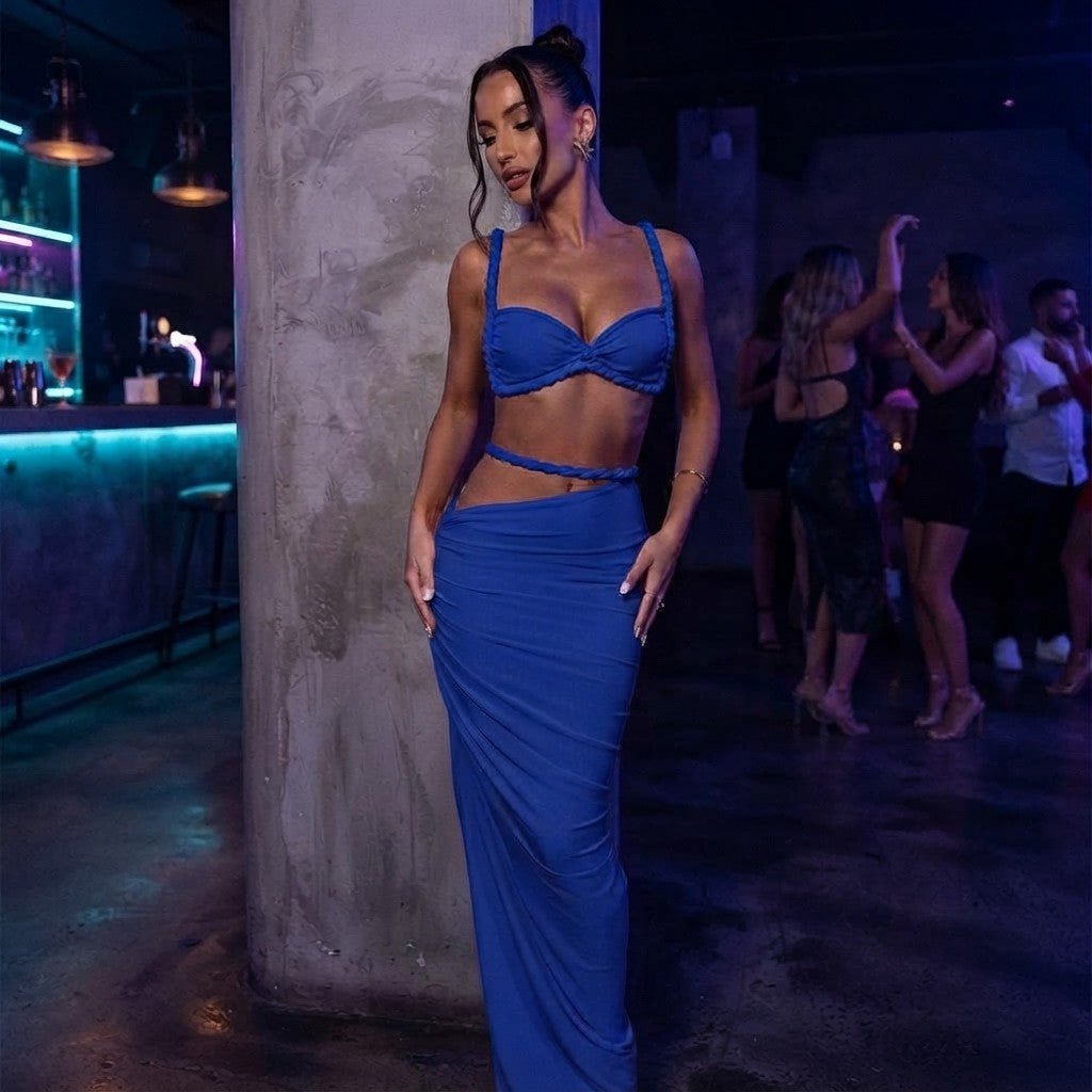 Woven Pleated Crop Camisole and Maxi Skirt Set